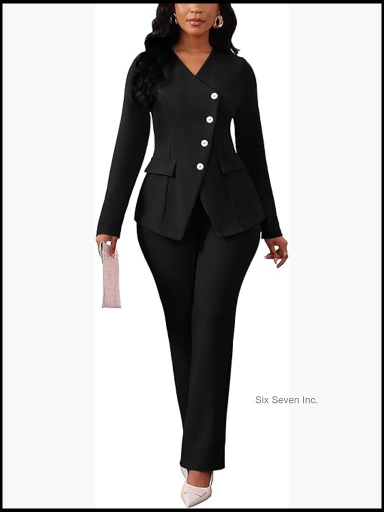 Dressy 2 Piece Pantsuit Set, Long Sleeve Blazer & High Waisted Wide Leg Pants,